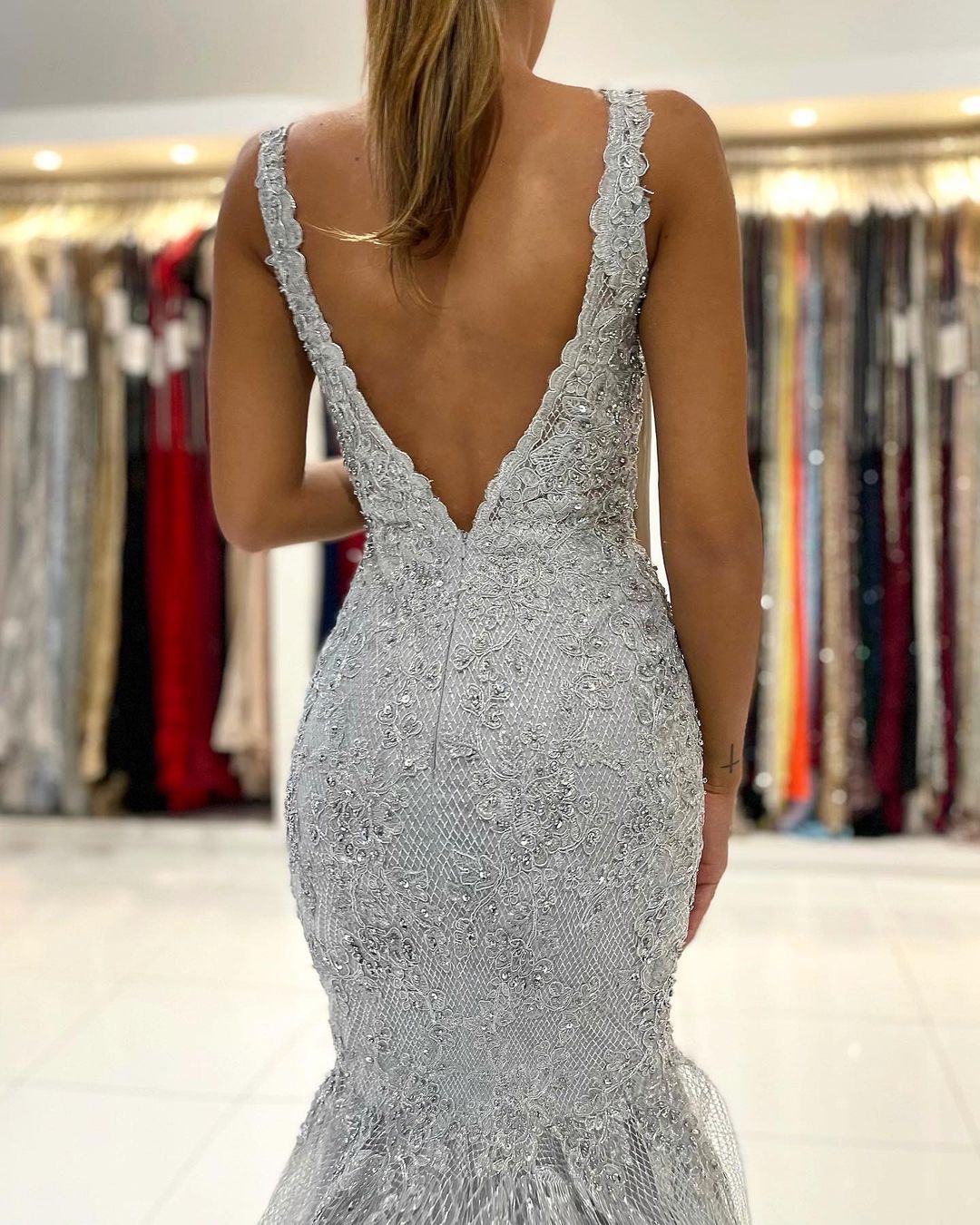 Mermaid Straps Sleeveless Floor-length Lace Evening Dress With Crystal 4