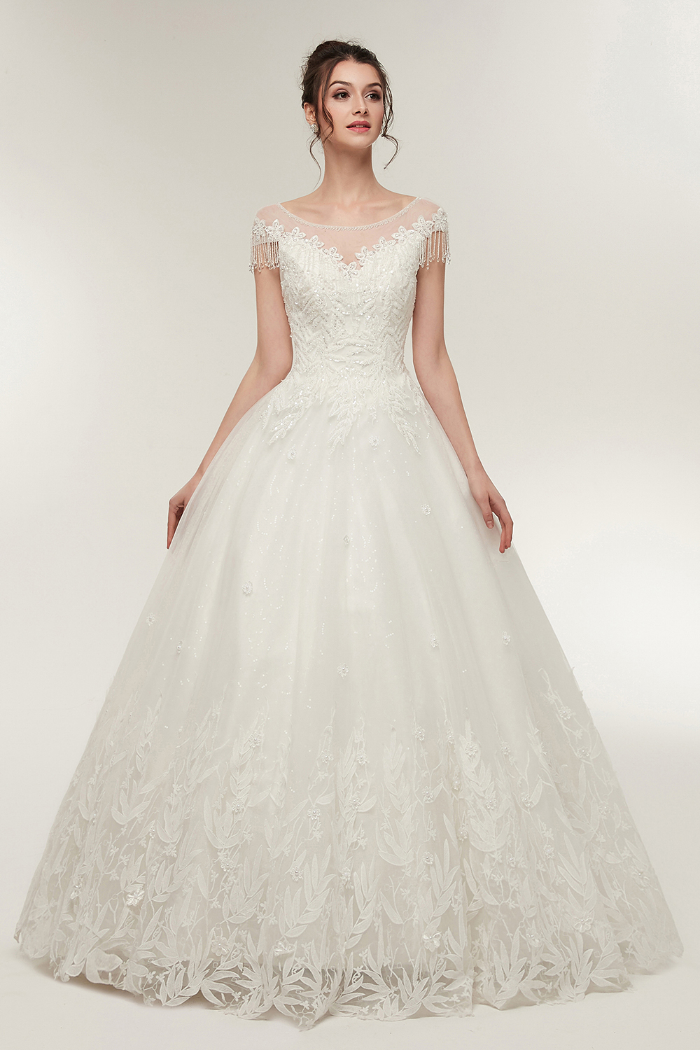 Jewel Neck Short Sleeves Floor-length Tulle Wedding Dress With Ruffles 5