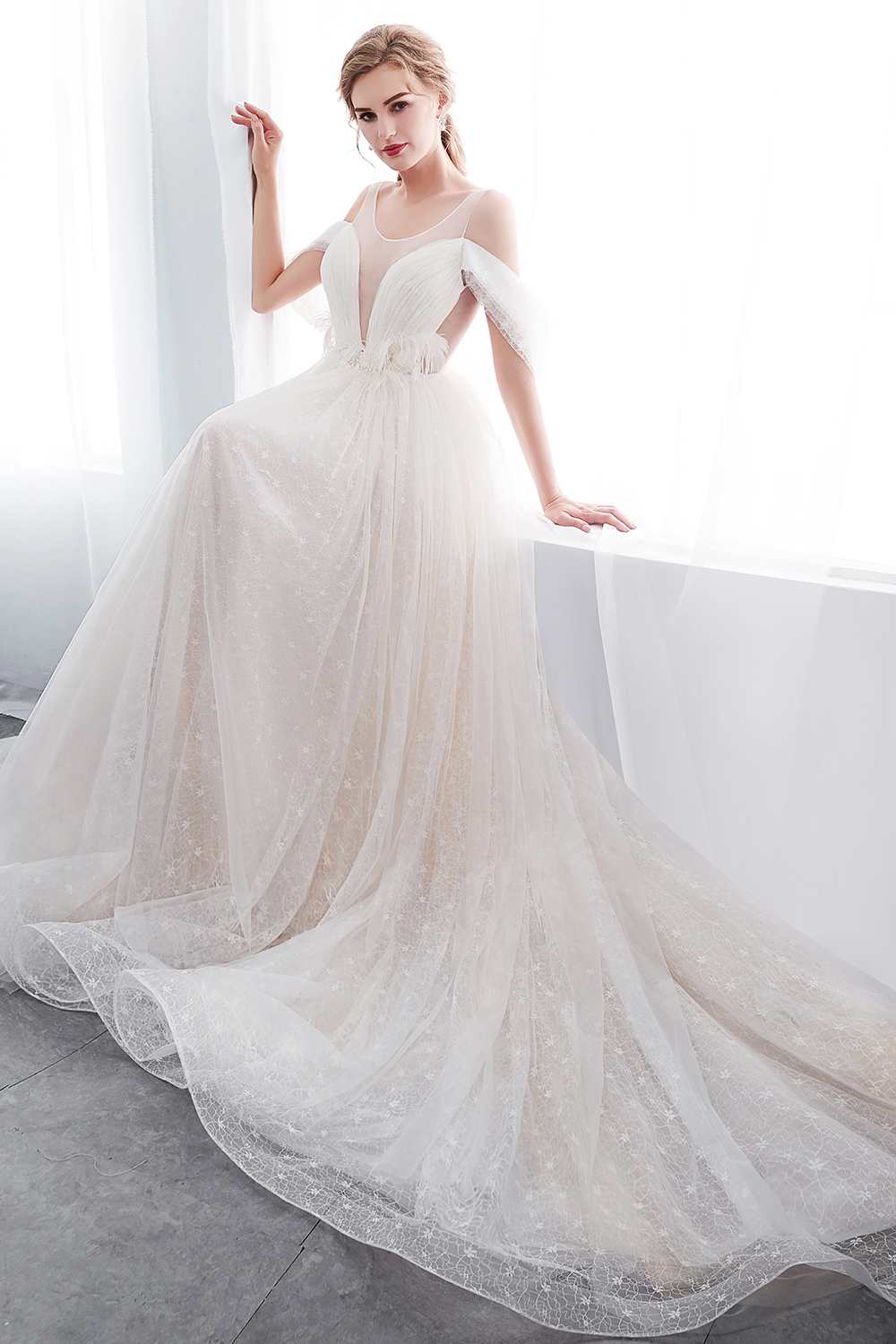 A-line Jewel Neck Sleeveless Chapel Train Tulle Bridal Dress With Lace 9