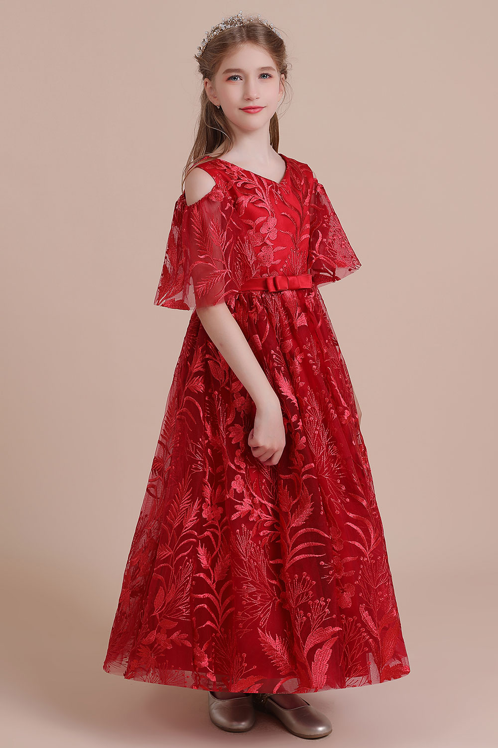 A-line V-neck Half-Sleeves Ankle-length Tulle Flower Girl Dress With Ribbons 5