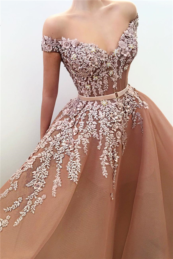 A-line Off-the-shoulder V-neck Sleeveless Floor-length Evening Dress With Appliques 2
