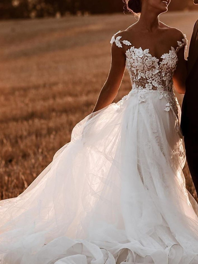 A-line Short Sleeves Sweep / Brush Train Lace Wedding Gown With Lace 2