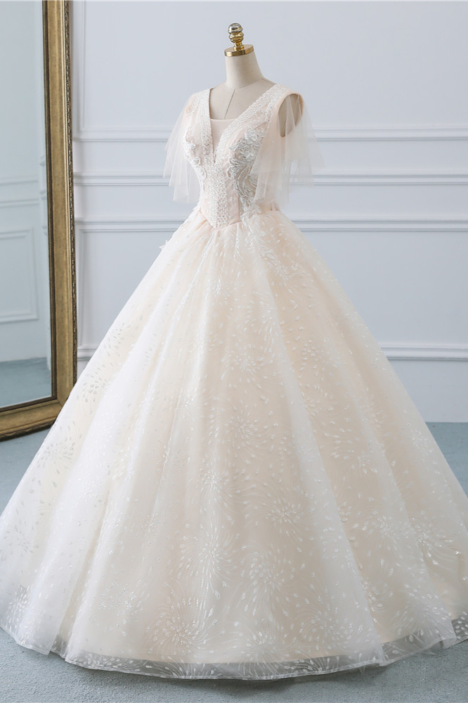 Ball Gown V-neck Short Sleeves Floor-length Tulle Bridal Dress With Appliques 3