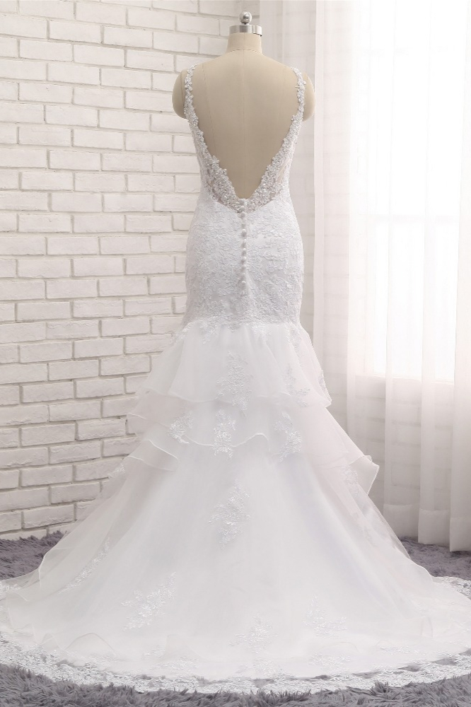 Mermaid Straps V-neck Sleeveless Floor-length Satin Bridal Dress With Appliques 2
