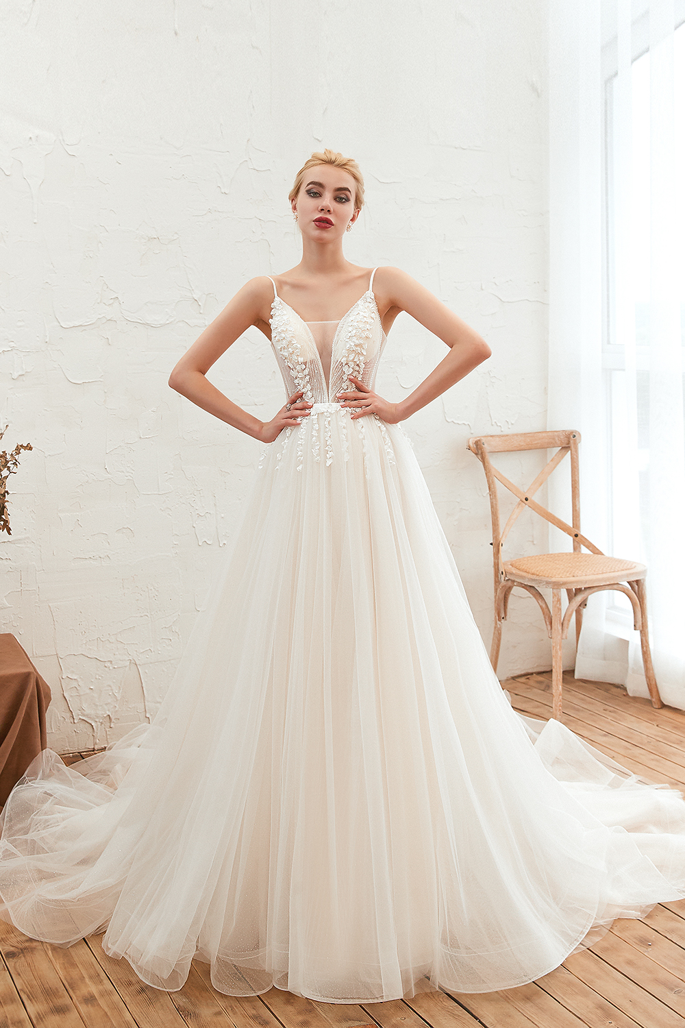 A-line Plunging Neckline Sleeveless Cathedral Train Tulle Wedding Gown With Flower(s) 8