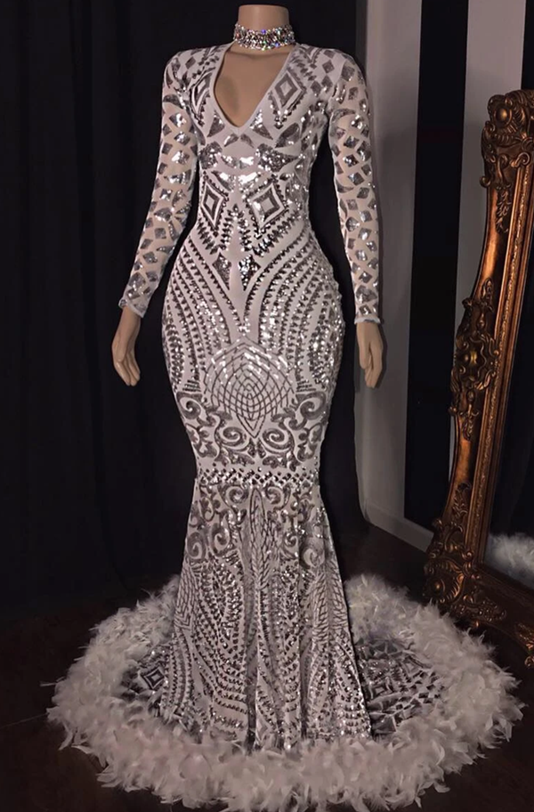 Feather Mermaid Burgundy Prom Dress with Long Sleeves and Sparkle Lace Appliques 2