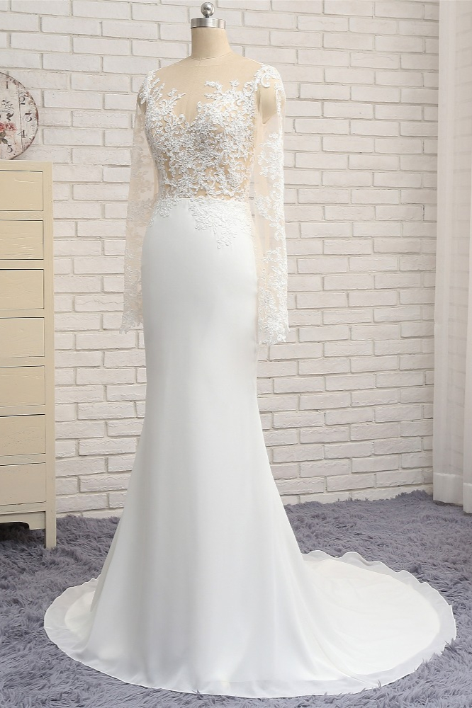 Mermaid Jewel Neck Long Sleeves Floor-length 100D Chiffon Wedding Dress With Appliques 3