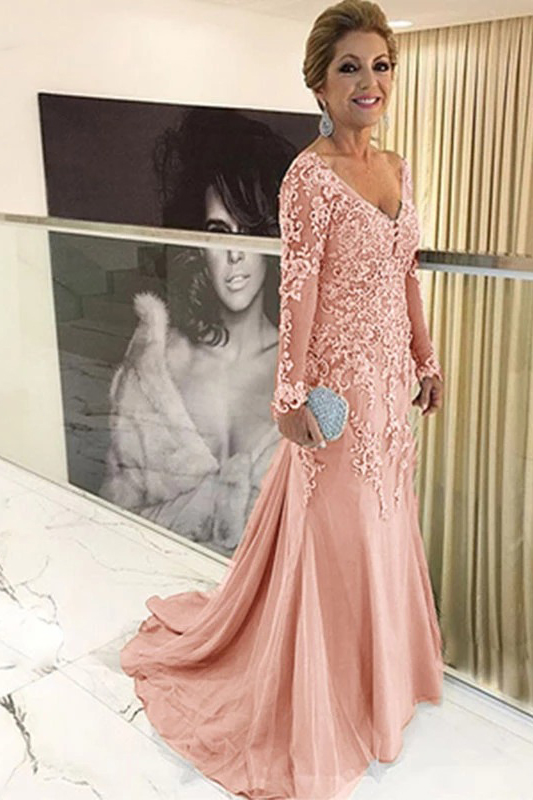Gold V-Neck Lace Mother of the Bride Dress with Long Sleeves -  and 6