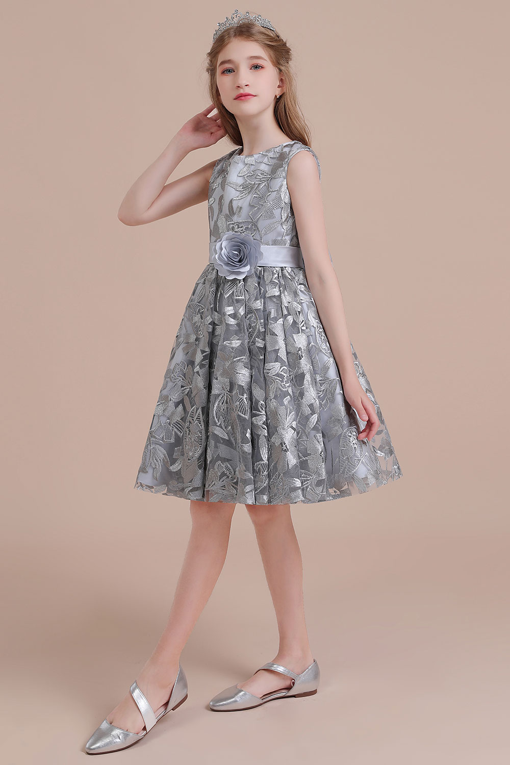 A-line Jewel Neck Sleeveless Knee-length Tulle Flower Girl Dress With Embroidery 3