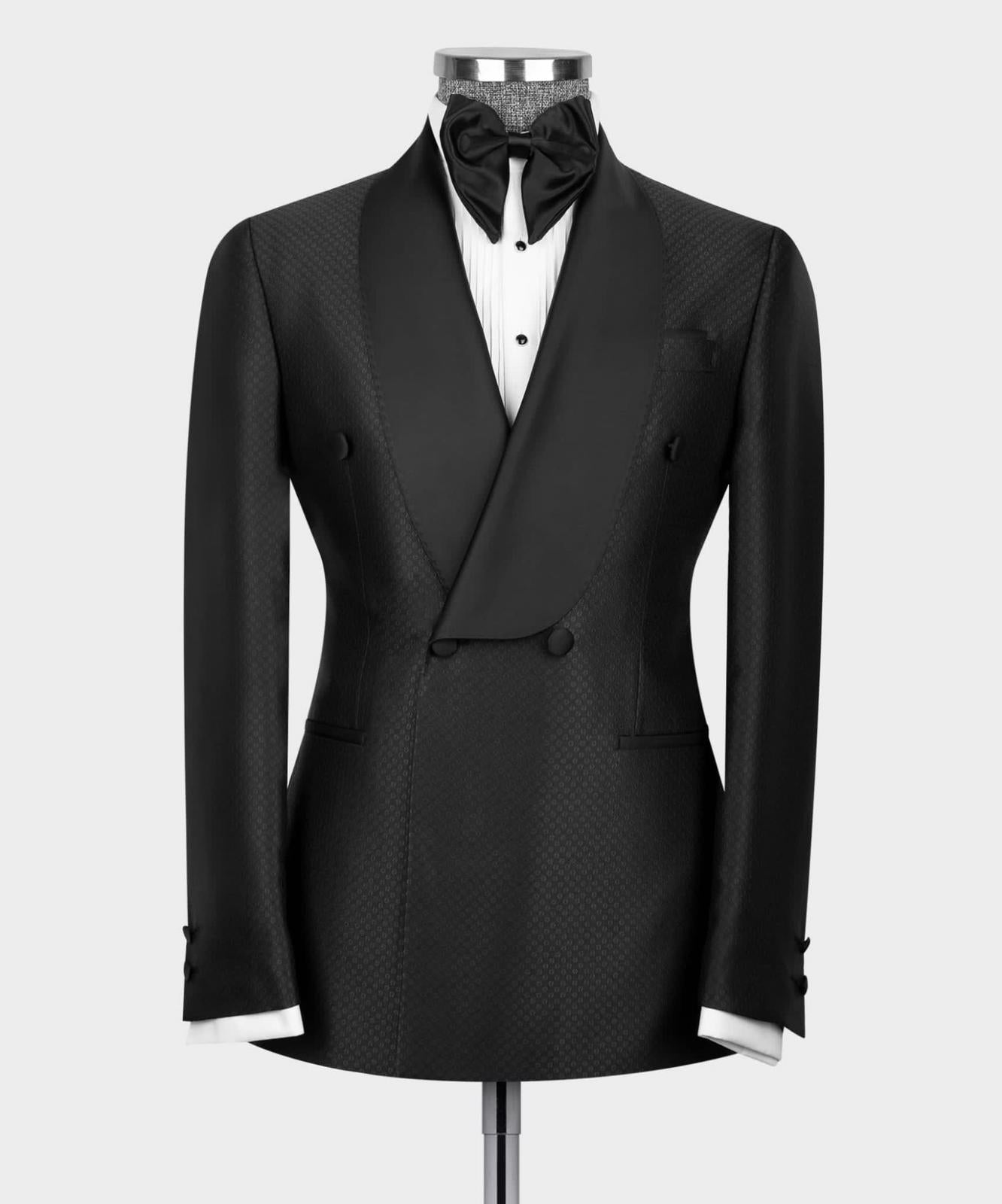 Black Double Breasted Men Suit with Shawl Lapel 3