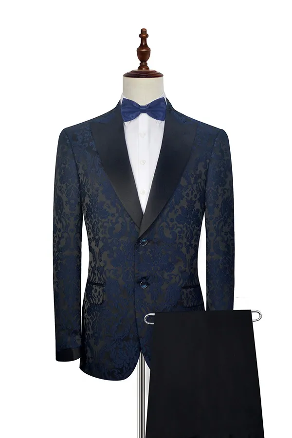 Dark Navy Prom Suits for Men with Black Silk Peak Lapel 1