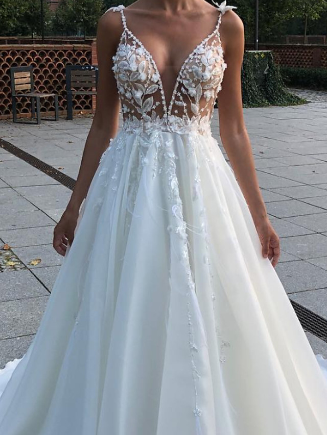 A-line V-neck Sleeveless Sweep / Brush Train Tulle Wedding Gown With Lace 2