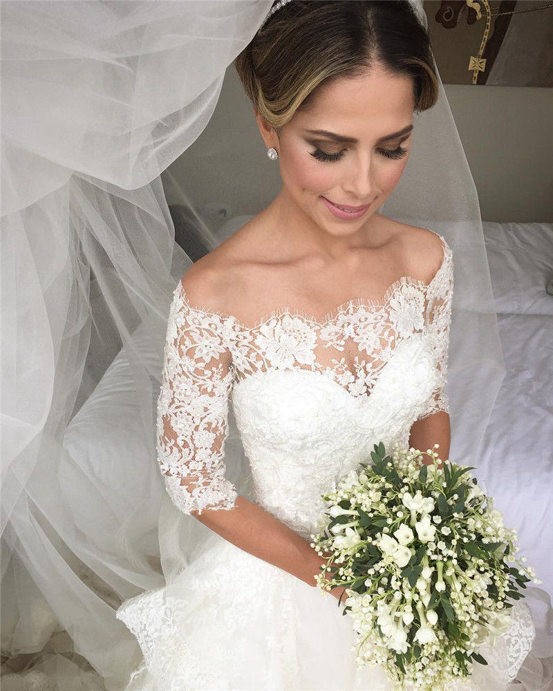 A-line Bateau Neck Chapel Train Organza Bridal Attire With Lace 2