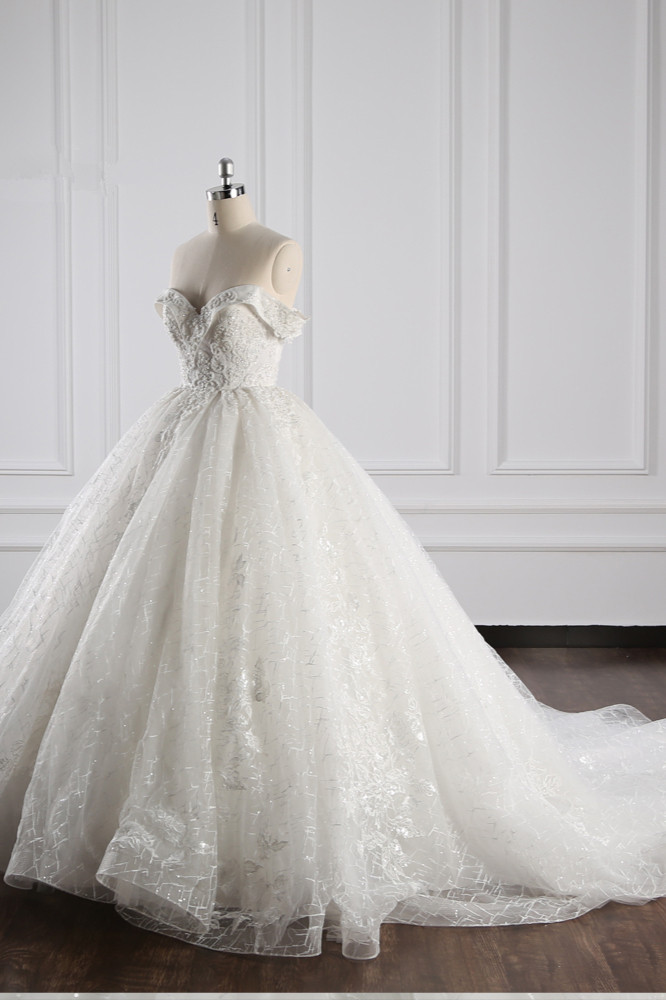 Ball Gown Off-the-shoulder Sweetheart Neck Sleeveless Floor-length Tulle Bridal Gown With Ruffles 3