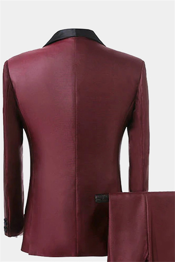 Burgundy Three-Piece Tuxedo with Black Shawl Lapel 2