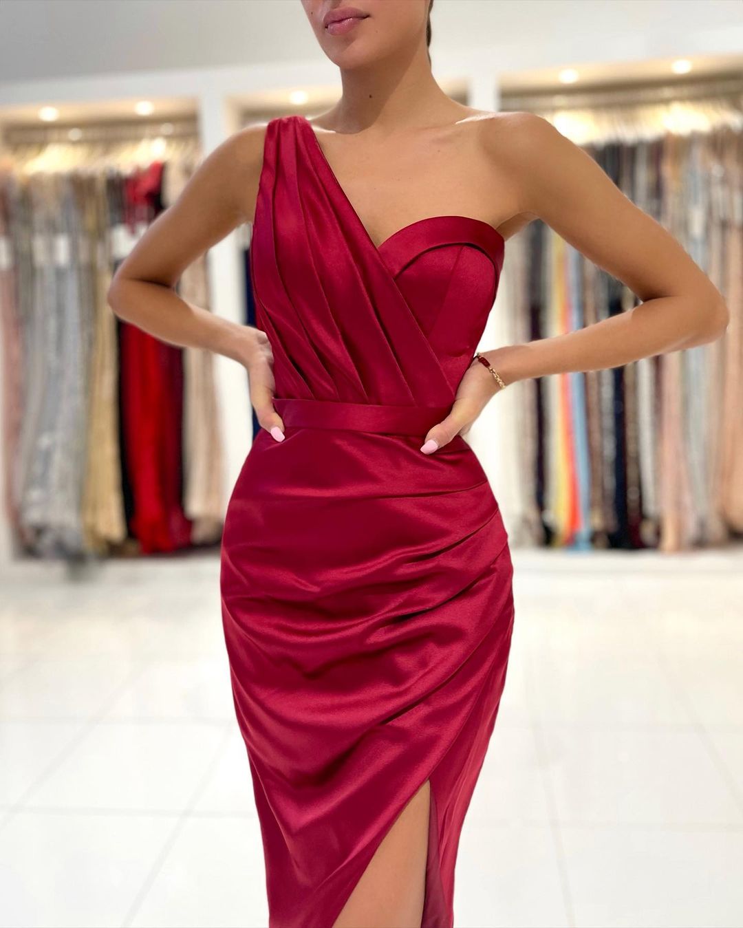 Mermaid One Shoulder Sleeveless Tea-length Stretch Satin Prom Gown With Ruffles 4