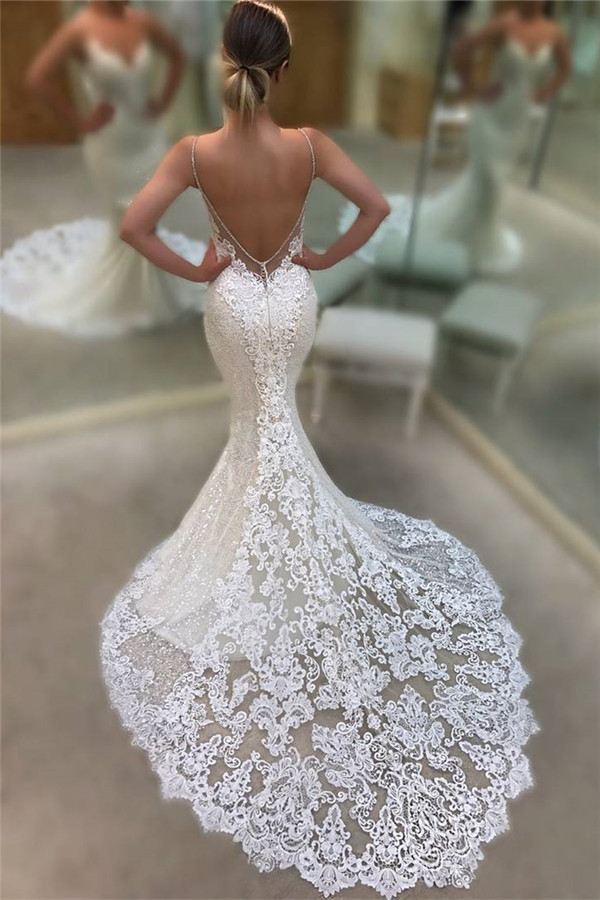 Mermaid Spaghetti Straps Sleeveless Court Train Bridal Gown With Lace 2