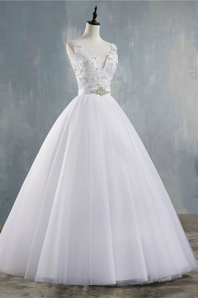 A-line V-neck Floor-length Tulle Bridal Gown With Appliques 3