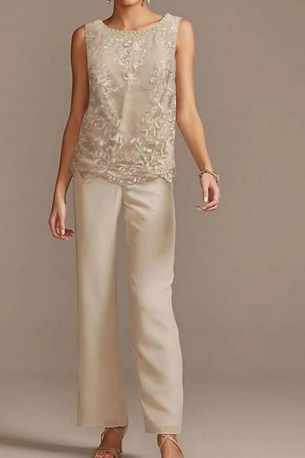 Floor Length Pantsuit Mother of the Bride Dress with Chiffon Lace and 3/4 Length Sleeve 3