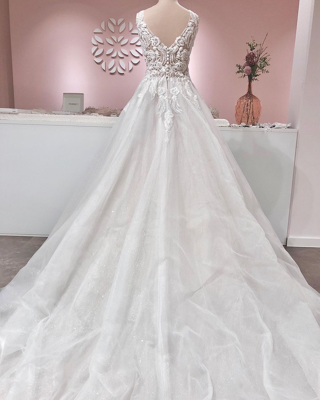 A-line V-neck Sleeveless Court Train Tulle Bridal Gown With Lace 2