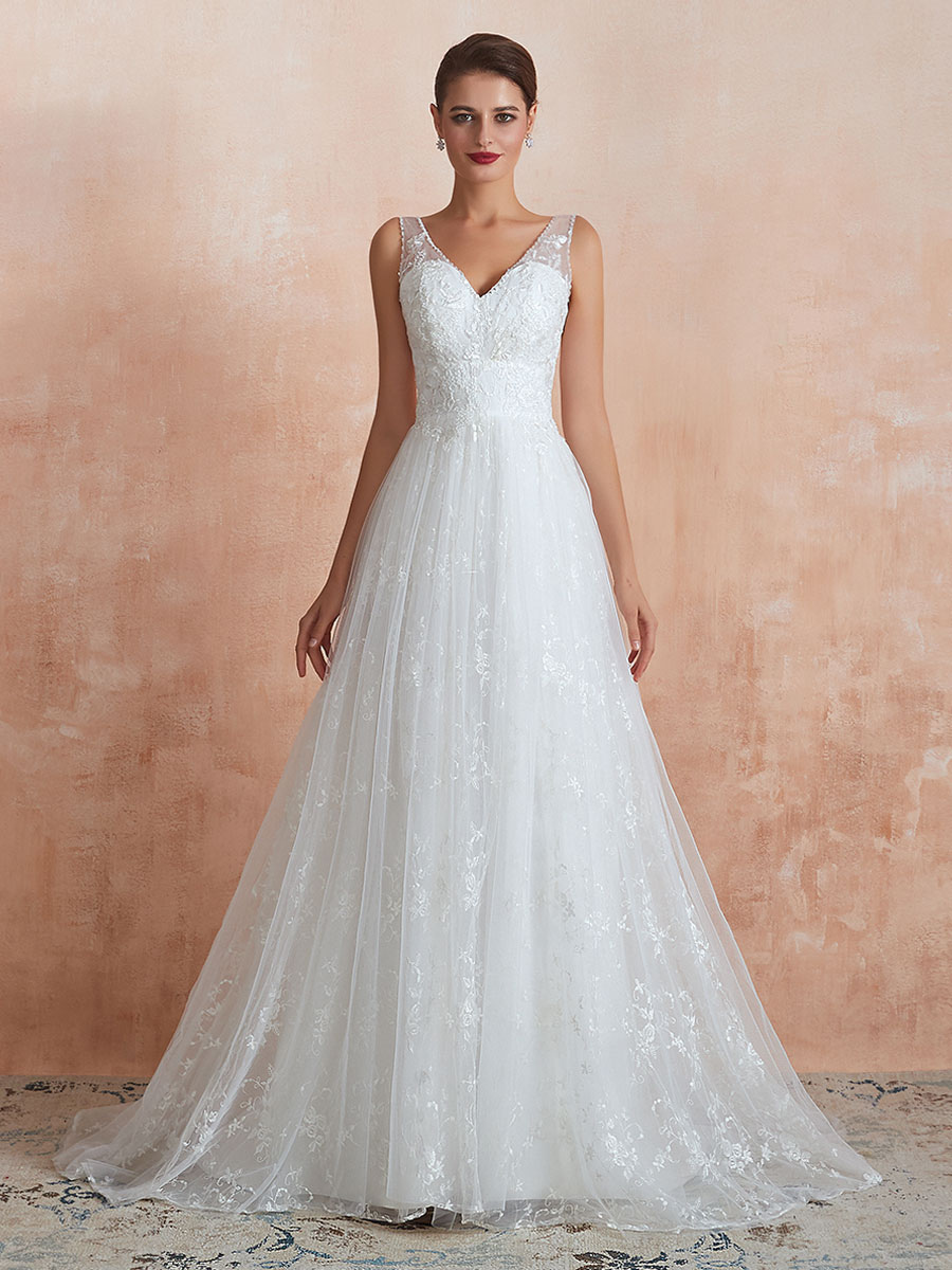 A-line V-neck Sleeveless Floor-length Lace Bridal Dress With Lace 4