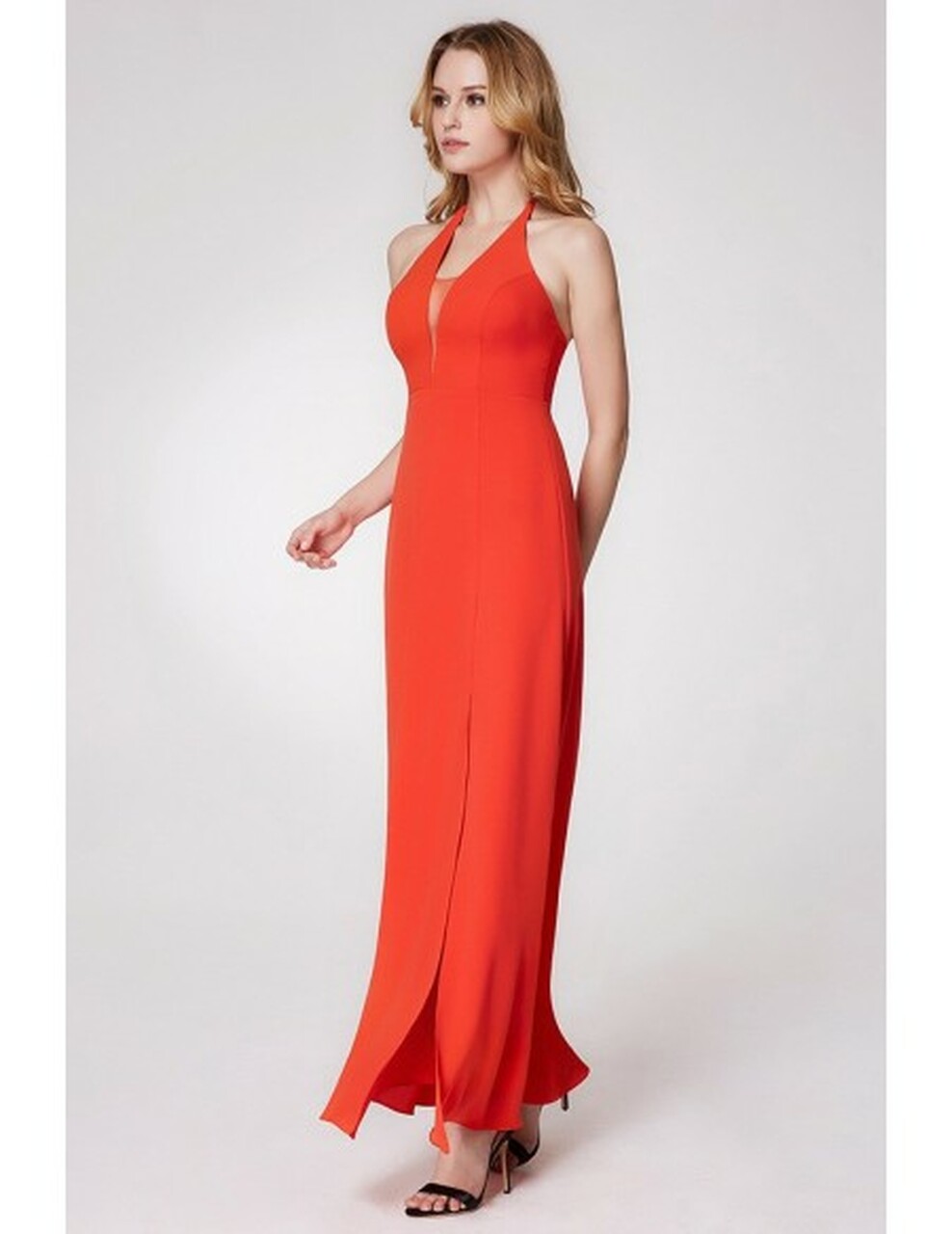Long Slit Front Halter Orange Bridesmaid Dress 3