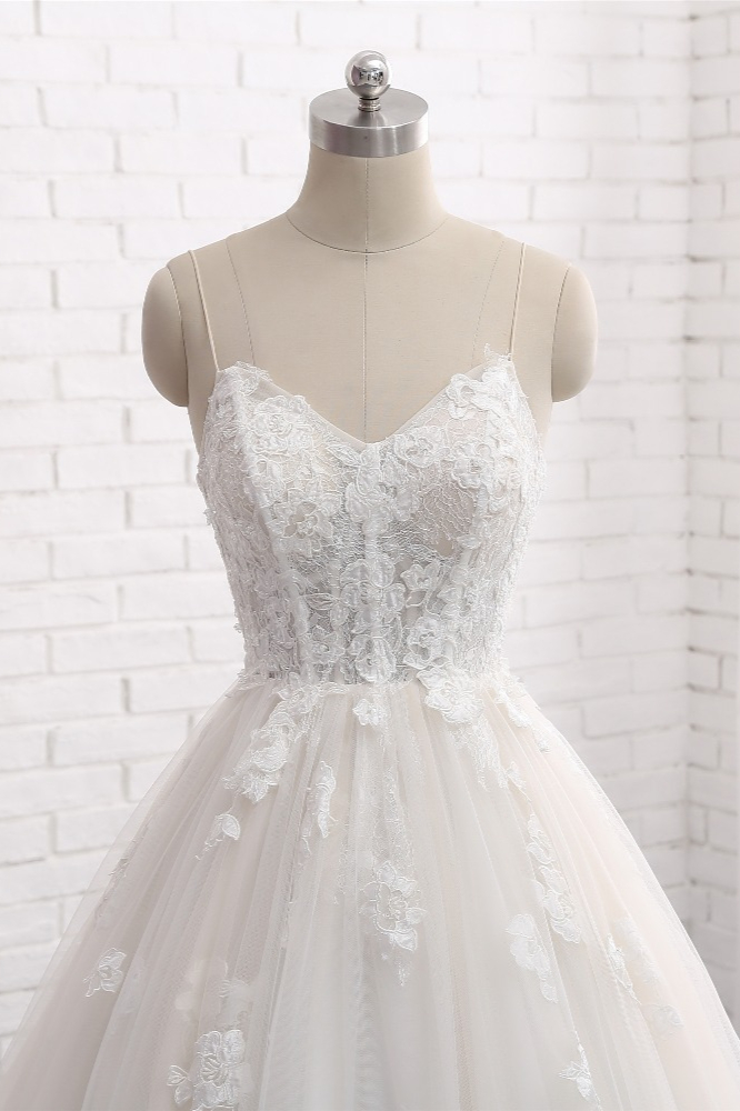 A-line Spaghetti Straps Floor-length Tulle Bridal Dress With Appliques 4