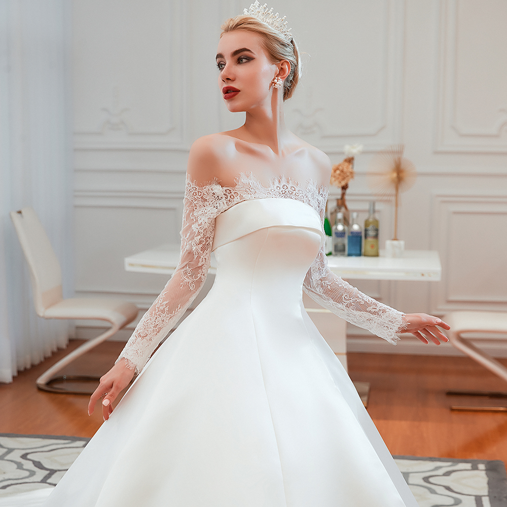 Bateau Neck Long Sleeves Cathedral Train Satin Wedding Gown With Lace 18