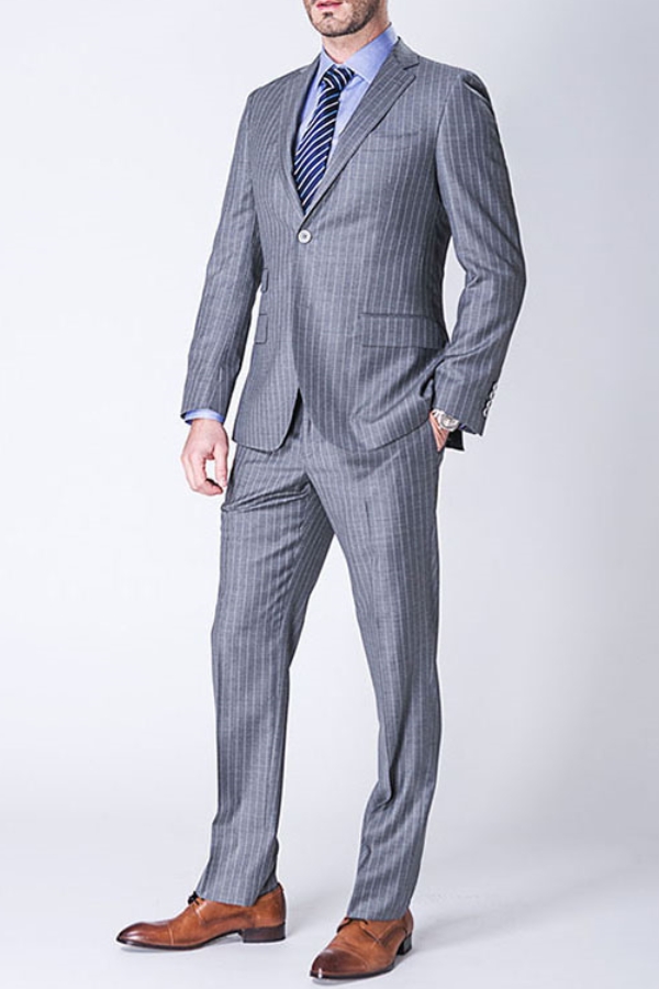 Light Grey Two Piece Wool Blend Men's Business Suit with Stripes and Three Flap Pockets 2