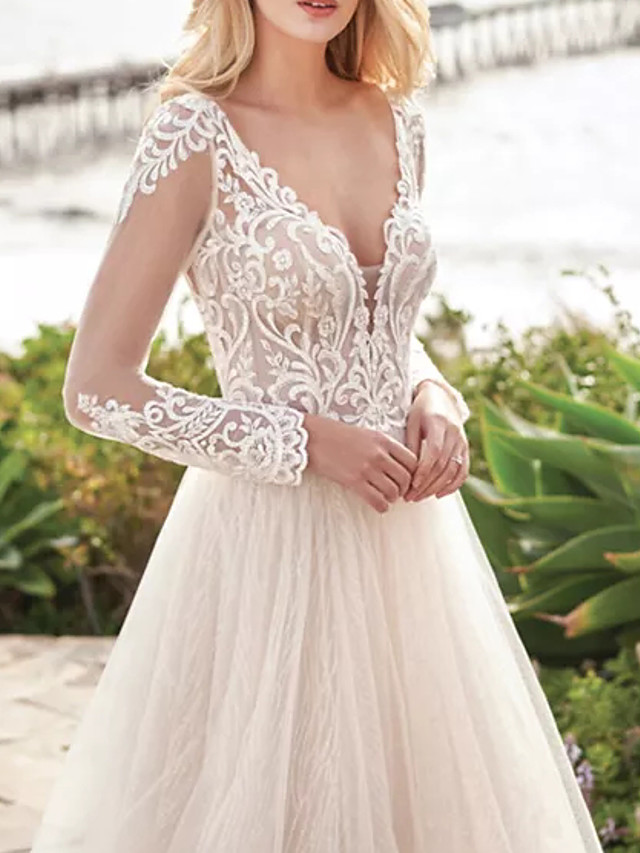 A-line V-neck Long Sleeves Sweep / Brush Train Tulle Wedding Gown With Buttons 3