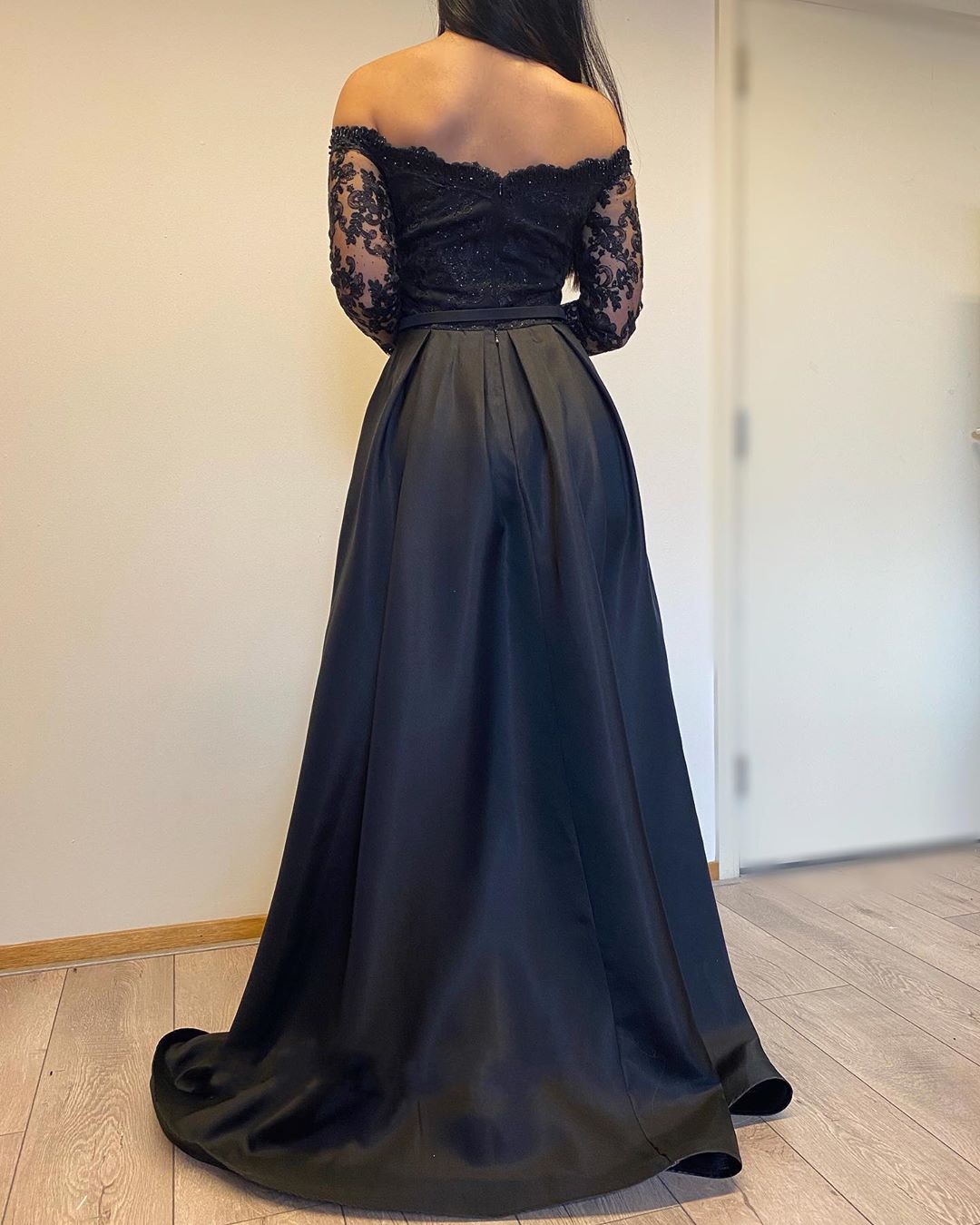 Black A-Line Off-the-Shoulder Evening Dress with Long Sleeves -  and 4