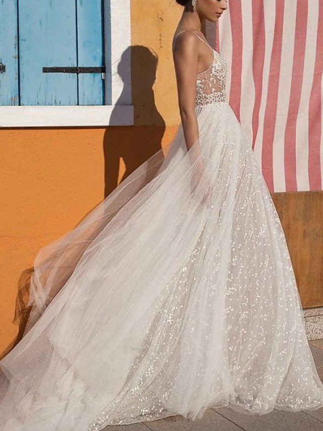 A-line V-neck Sleeveless Floor-length Tulle Bridal Dress 2