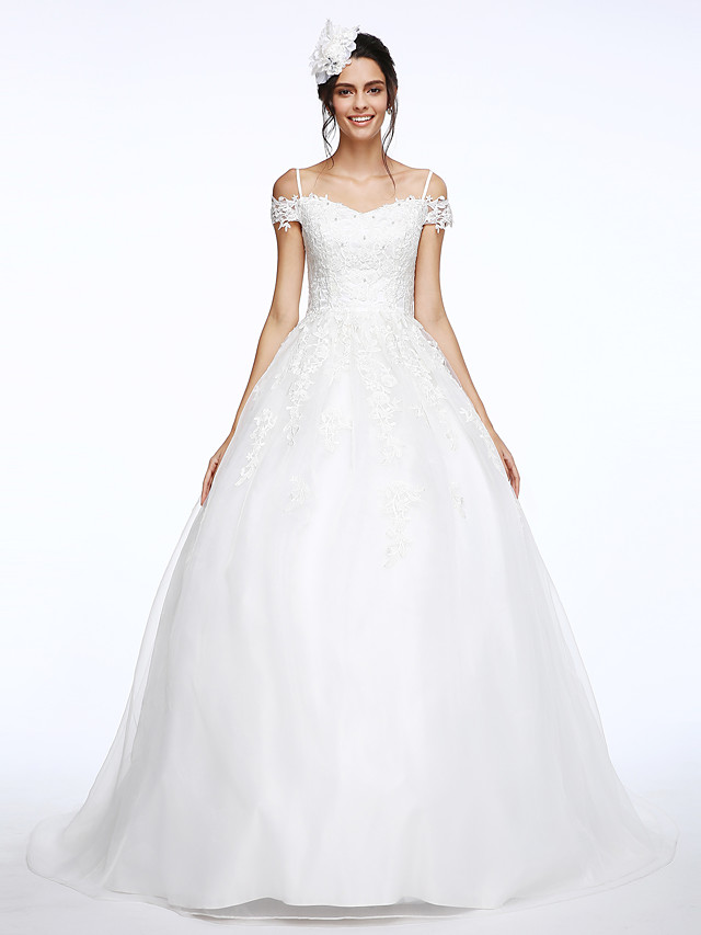 Ball Gown Short Sleeves Court Train Organza Wedding Gown With Lace 4