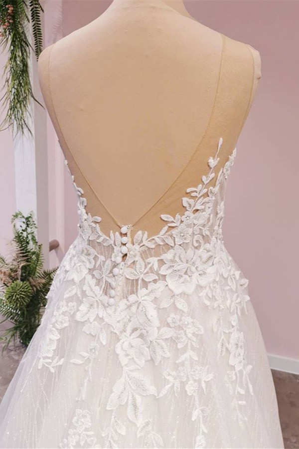A-line Sweetheart Neck Sleeveless Sweep / Brush Train Tulle Bridal Dress With Lace 4