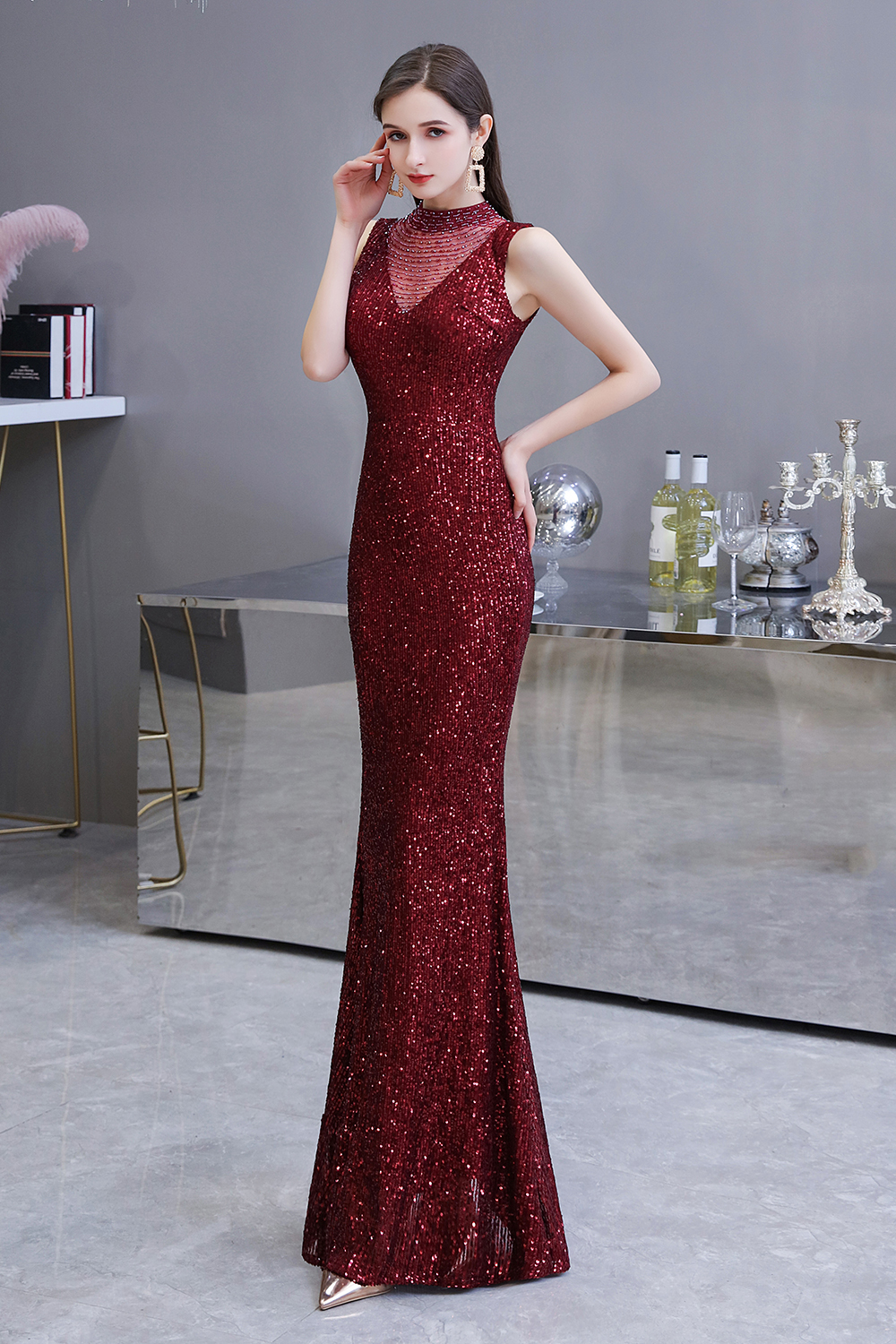 Mermaid Jewel Neck Sleeveless Sweep / Brush Train Tulle Evening Gown With Sequins 4