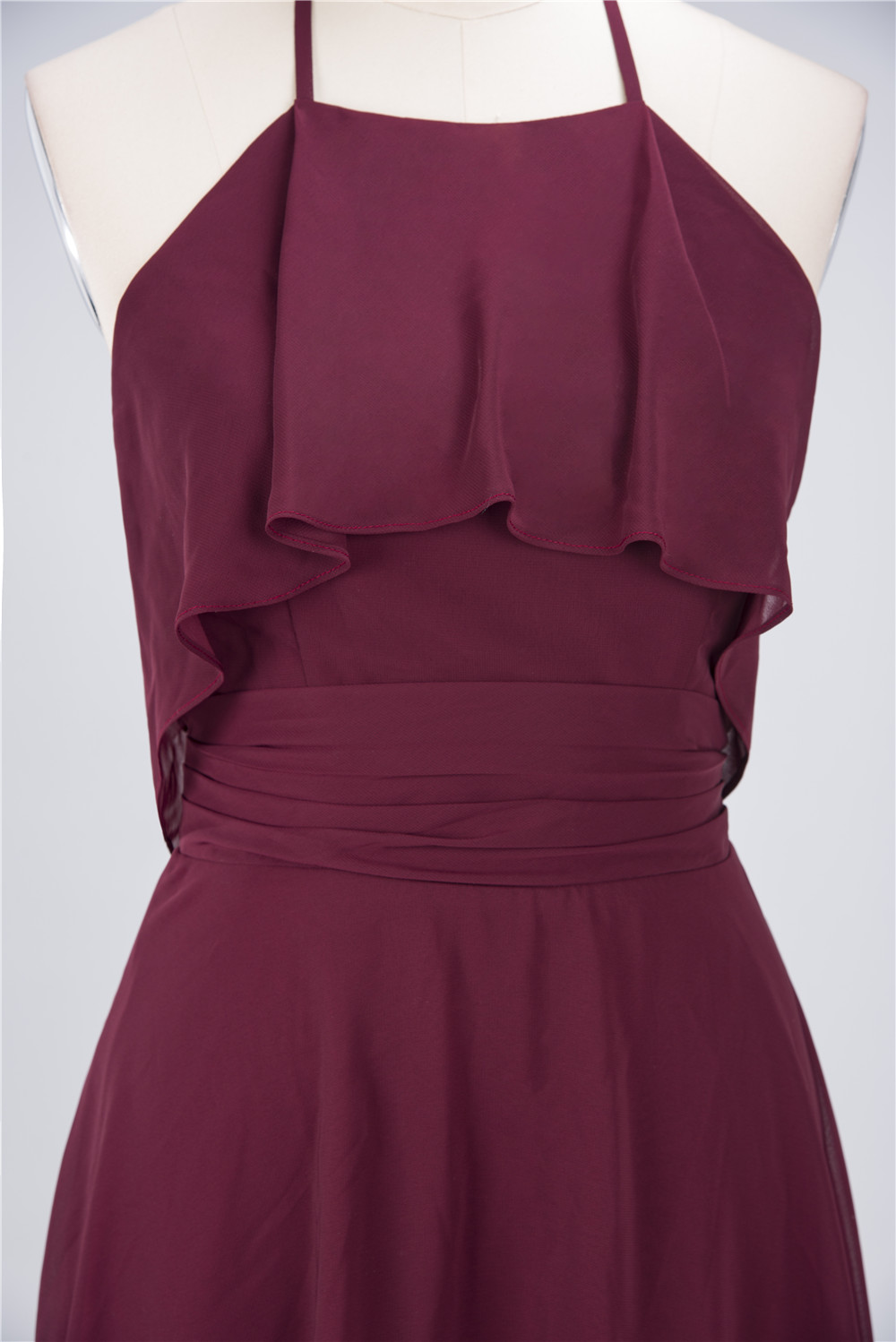 A-line Halter-neck Sleeveless Knee-length 100D Chiffon Bridesmaid Dress With Ruffles 4