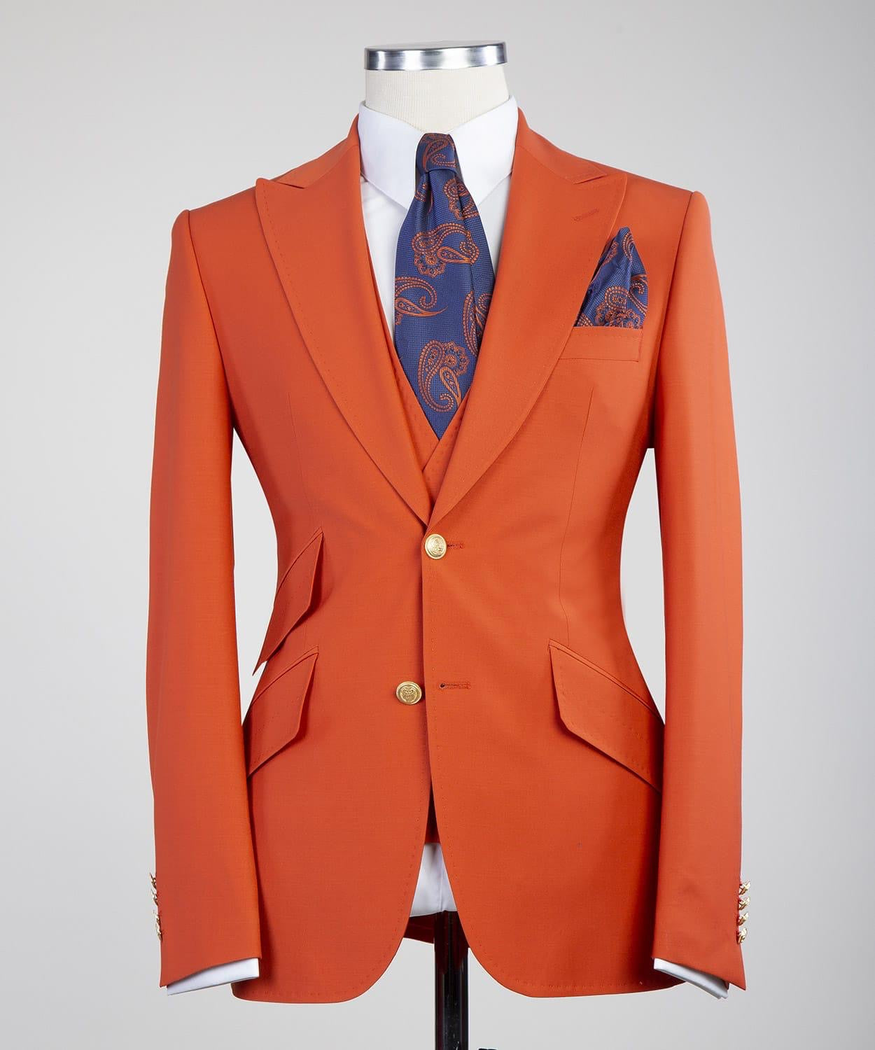 Orange Three Pieces Men Suit with Peaked Lapel 4