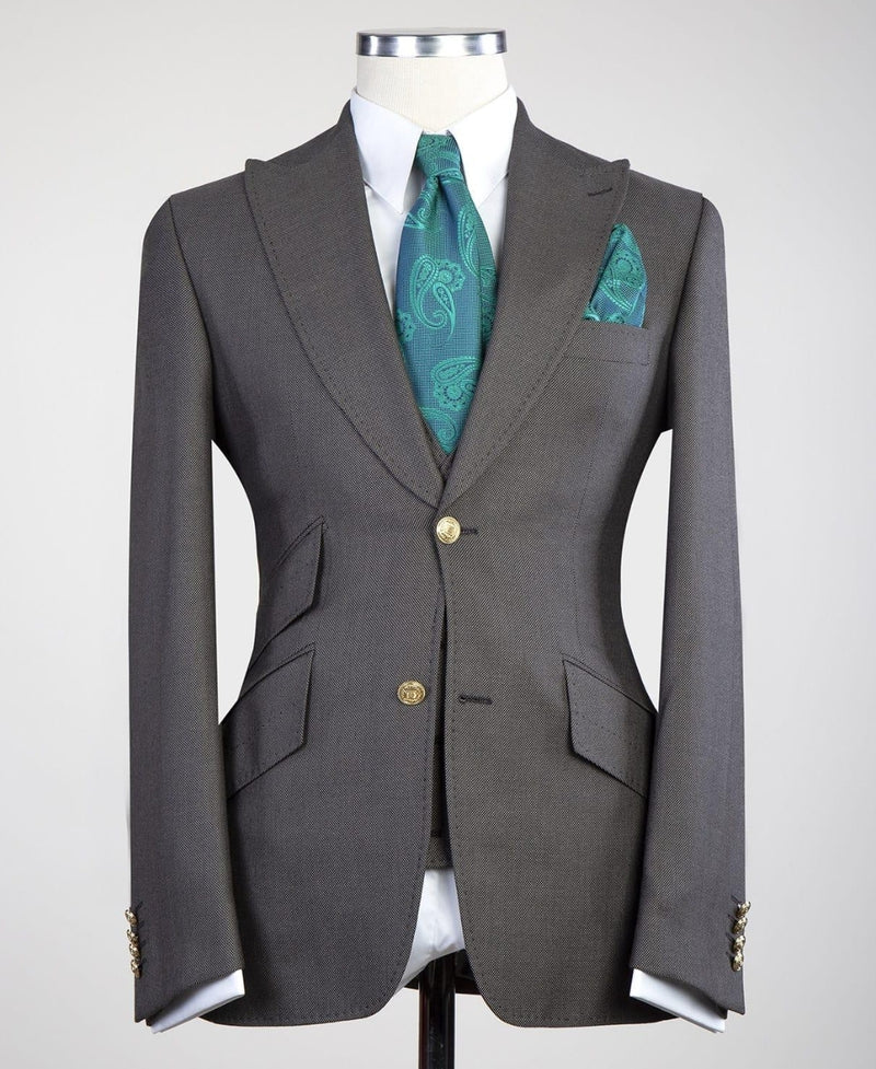 Dark Gray Peaked Lapel Three Pieces Business Men Suit 4