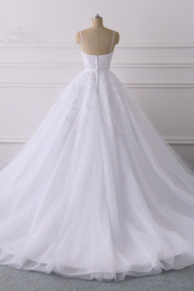 A-line Spaghetti Straps V-neck Sleeveless Floor-length Tulle Wedding Dress With Lace 2