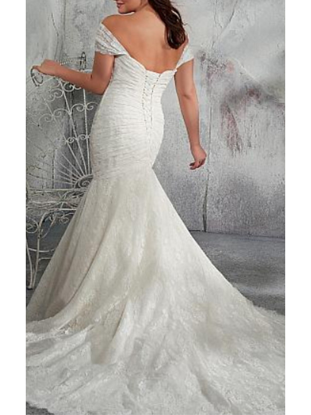 Mermaid Off-the-shoulder Cap Sleeves Court Train 100D Chiffon Bridal Attire With Lace 2