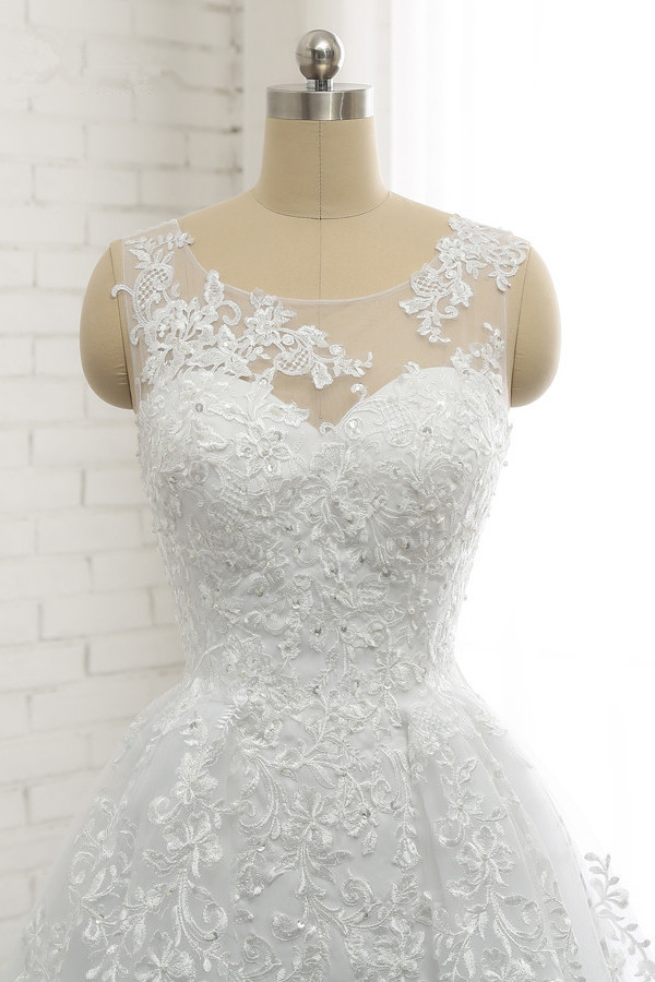 A-line Jewel Neck Sleeveless Floor-length Tulle Bridal Dress With Lace 4