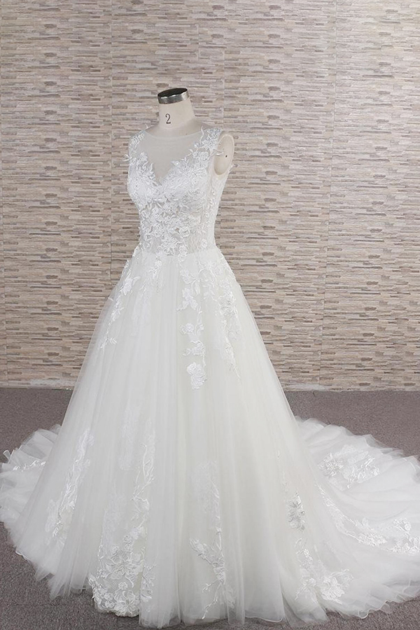A-line Jewel Neck Sleeveless Court Train Tulle Bridal Gown With Appliques 3