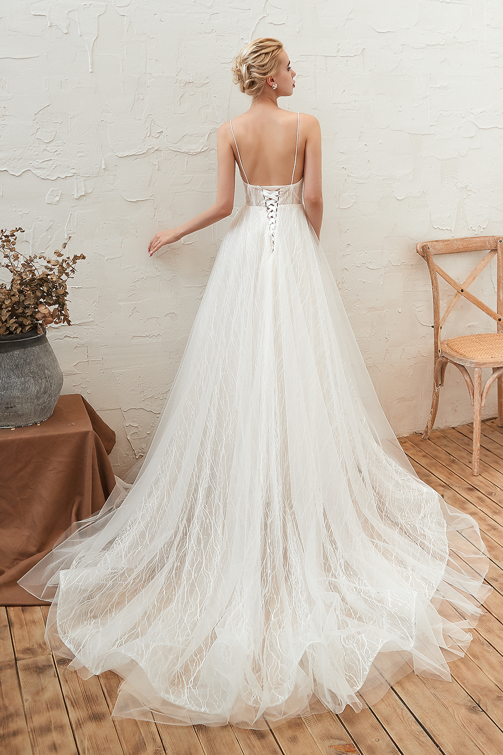 A-line Plunging Neckline Sleeveless Chapel Train Tulle Bridal Gown With Lace 2