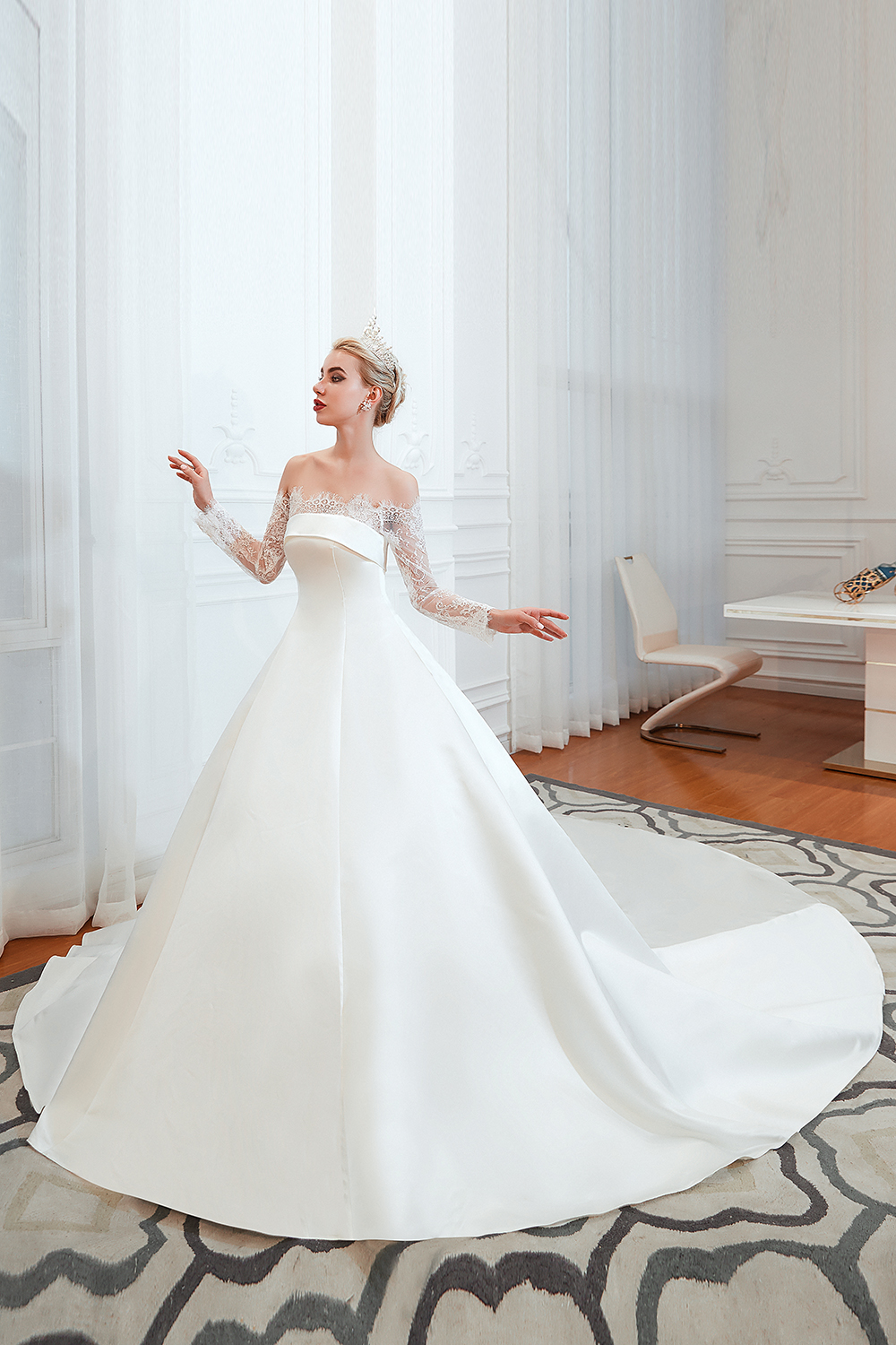 Bateau Neck Long Sleeves Cathedral Train Satin Wedding Gown With Lace 8