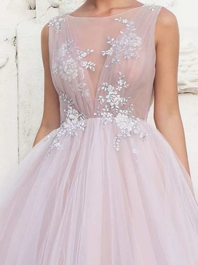 A-line Sleeveless Tulle Wedding Gown With Sweep / Brush Train 3