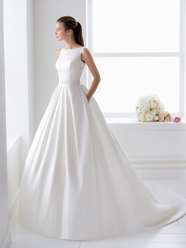 Ball Gown Straps Bateau Neck Sleeveless Court Train Satin Bridal Dress With Lace 5
