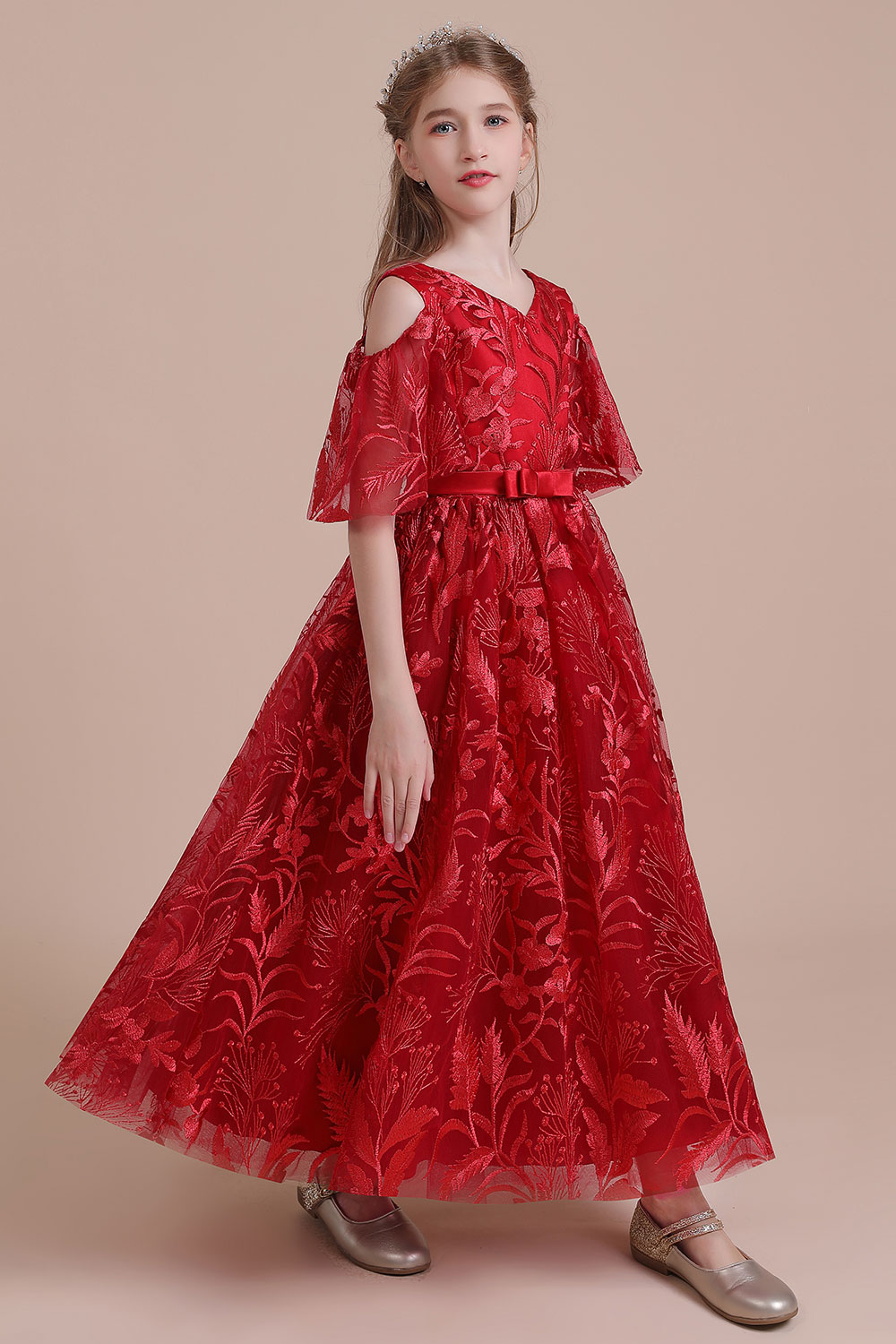 A-line V-neck Half-Sleeves Ankle-length Tulle Flower Girl Dress With Ribbons 6