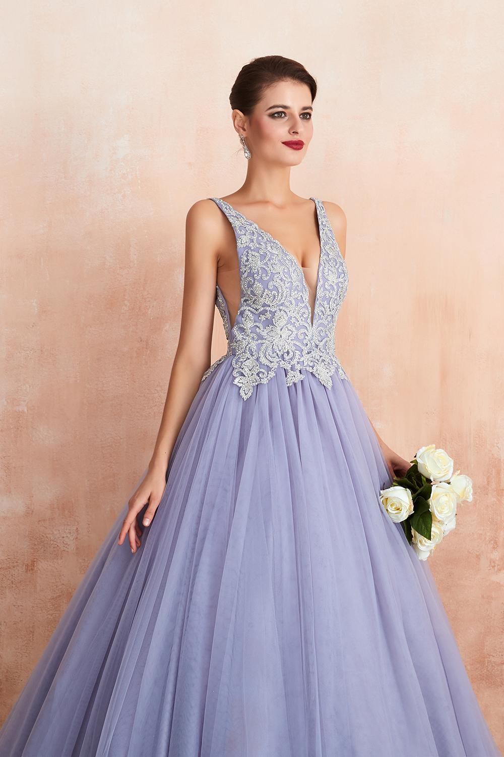 A-line Plunging Neckline Sleeveless Sweep / Brush Train Tulle Formal Wear With Rhinestone 8