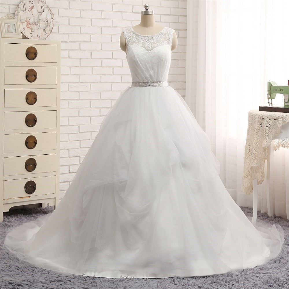 A-line Jewel Neck Sleeveless Floor-length Tulle Wedding Gown With Lace 6