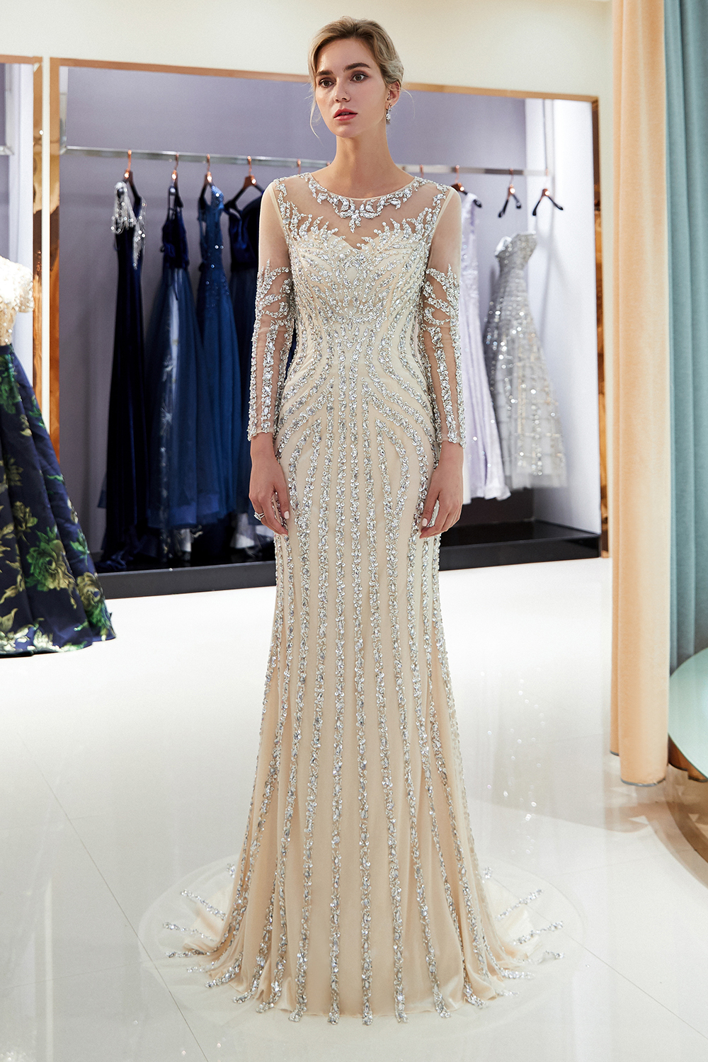 Mermaid Jewel Neck Long Sleeves Court Train Stretch Satin Formal Dress With Sequins 3